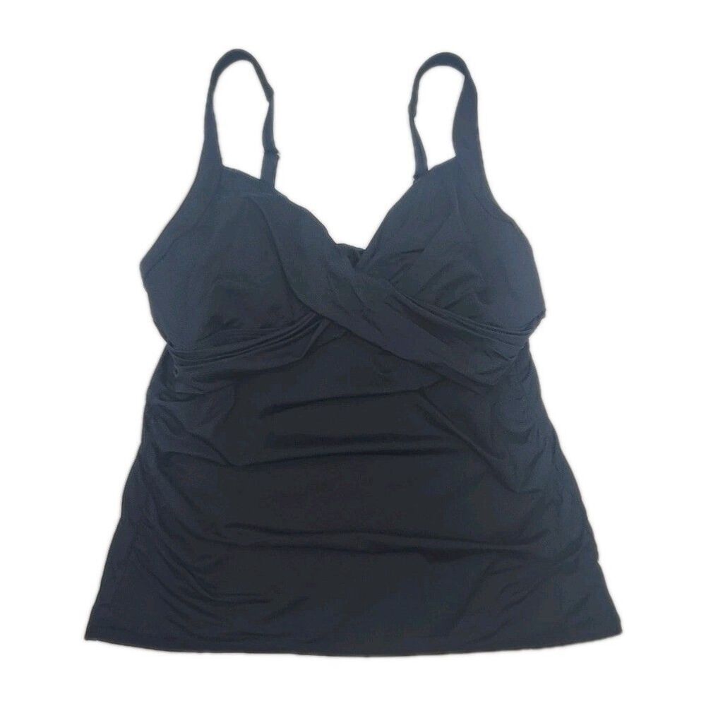 Lands End Tankini Top Swim Bathing Suit Black Women Sz 12L Long Underwire Adjust